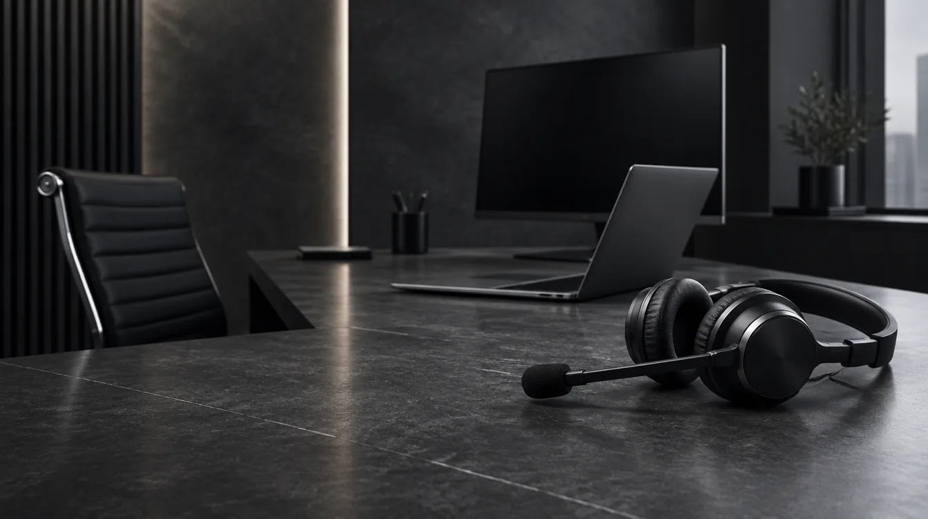 Conceptual graphite workplace with a laptop, monitor, and headset